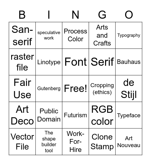Graphic Arts Vocabulary Review Bingo Card