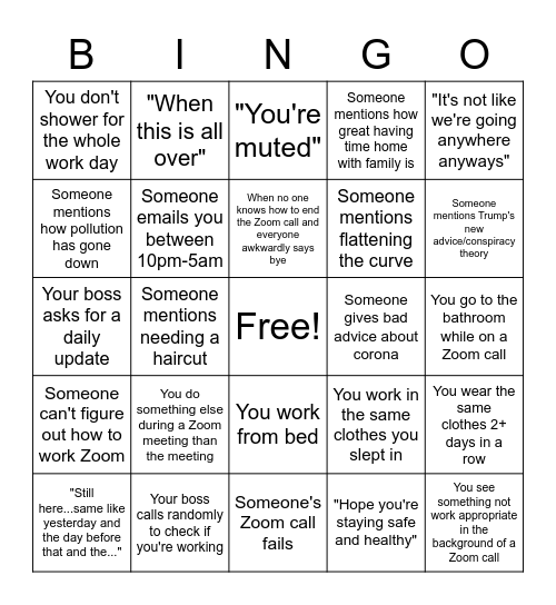 Quarantine Work Life Bingo Card