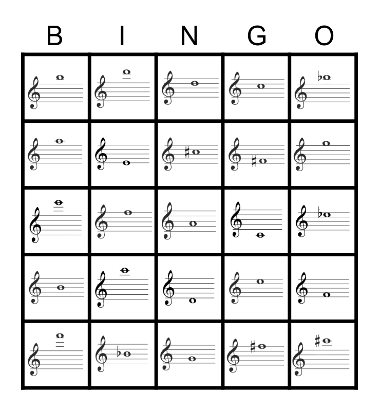 Flute Music Notes Treble Clef Bingo Card