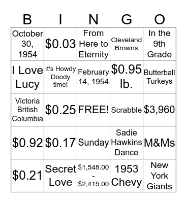 1954 Bingo Card