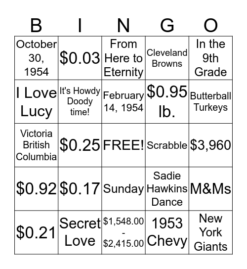 1954 Bingo Card