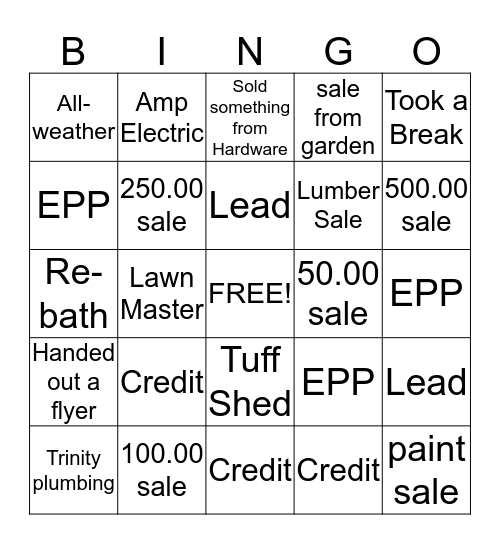 Home Depot Bingo Card