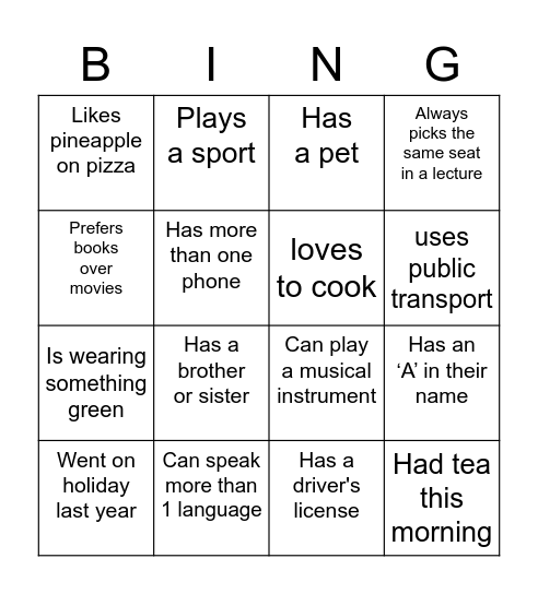 Icebreaker Bingo Card