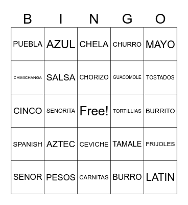 Cinco de Mayo Bingo Card