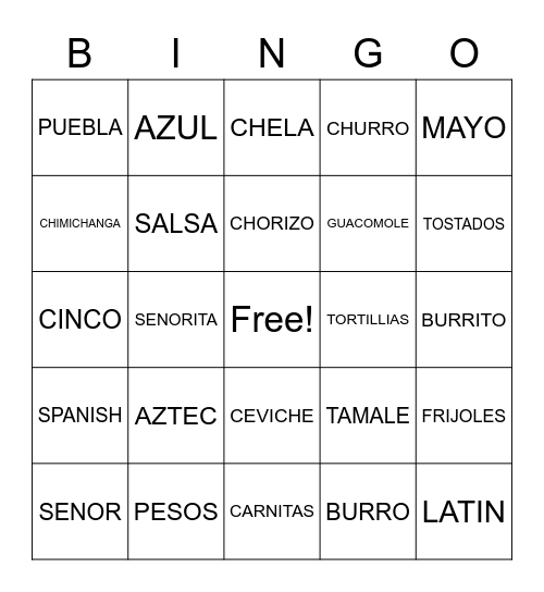 Cinco de Mayo Bingo Card