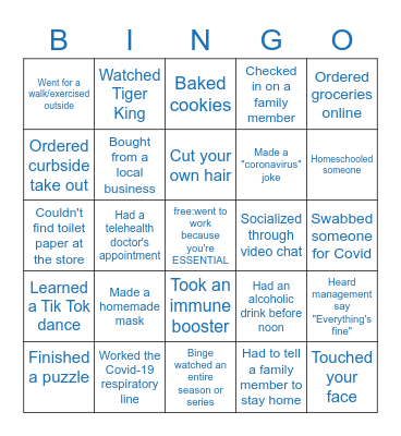 COVID-19 QUARANTINE BINGO Card