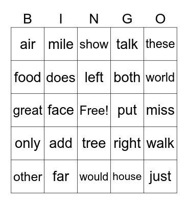 Sight Word Bingo Card