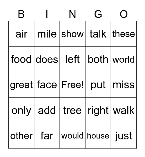 Sight Word Bingo Card