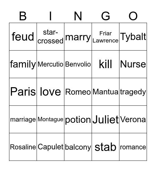 Romeo and Juliet Bingo Card