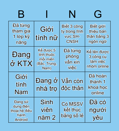 Làm quen bằng Bingo game!!! Bingo Card