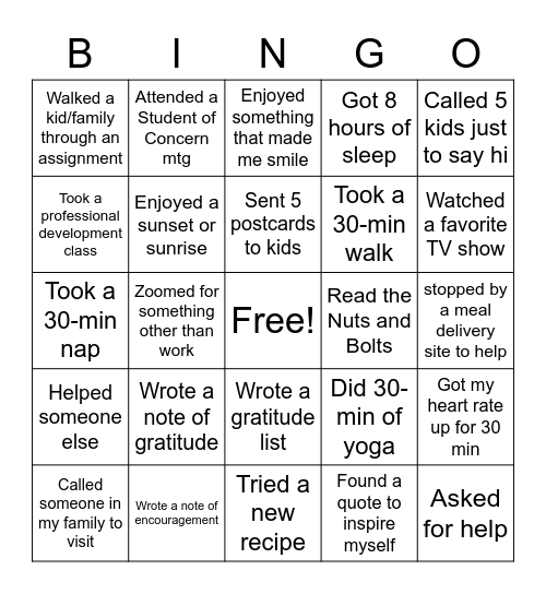 Staff Appreciation Week Bingo Card