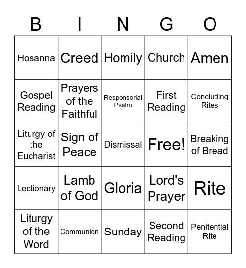 Parts of the Mass BINGO Card