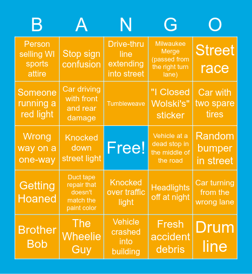 Milwaukee Driving Bango Bingo Card