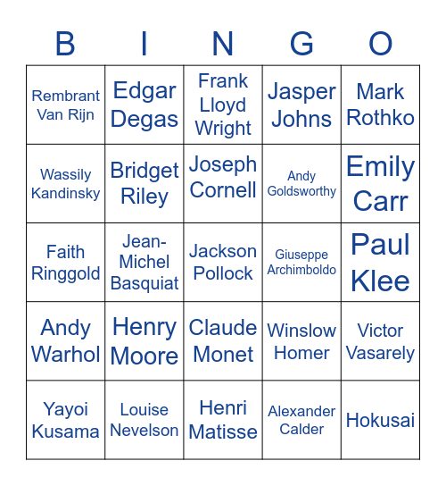 SW Remote Learning: Artists to Research Bingo Card
