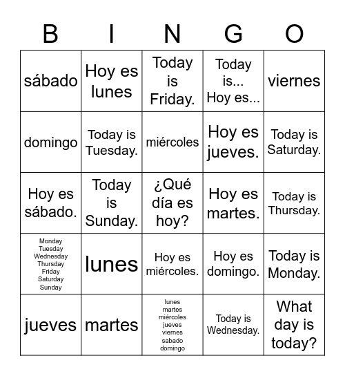 ¿Qué día es hoy? Bingo Card