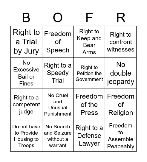 The Bill of Rights Bingo Card