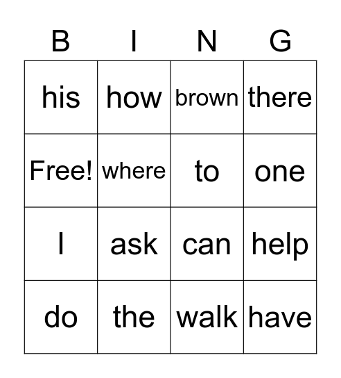 Sight Words Bingo Card