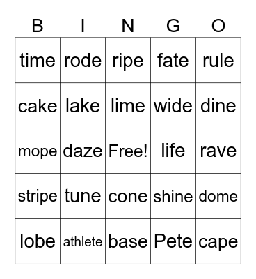silent "e" Bingo Card