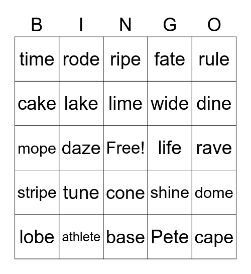 silent "e" Bingo Card