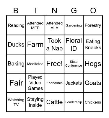 FFA Quarentine Bingo Card