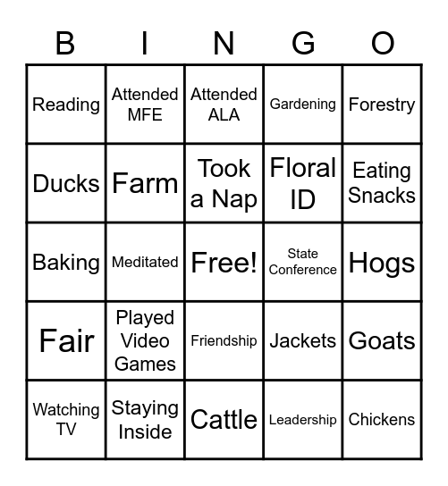 FFA Quarentine Bingo Card