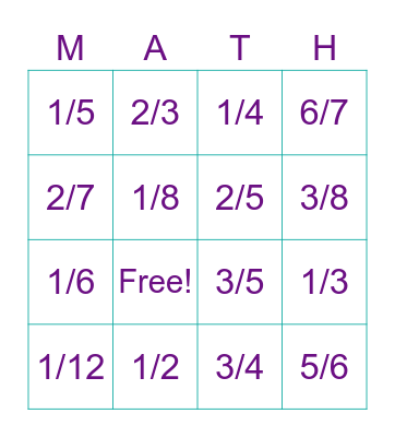 Simplify Fractions Bingo Card