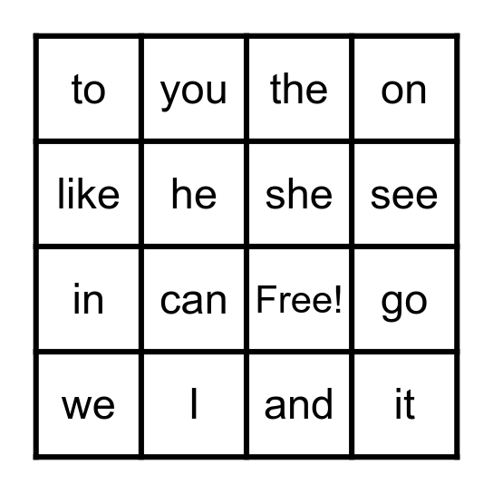 Sight Word Bingo Card