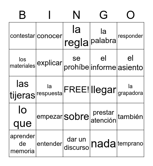 Realidades 2 Cap1A Bingo Card