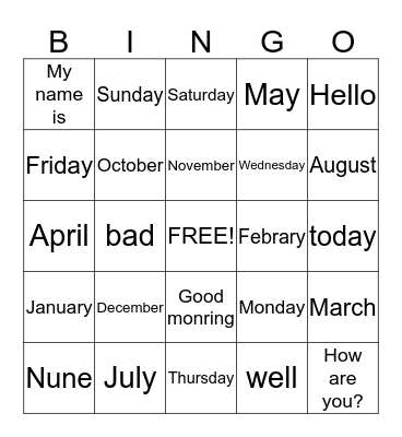 Vocabulary Words Bingo Card