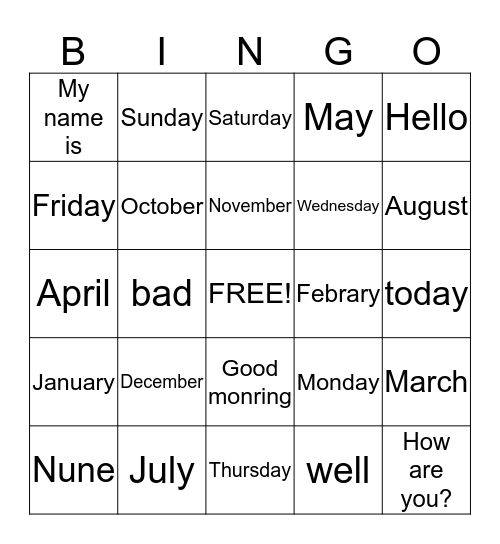 Vocabulary Words Bingo Card