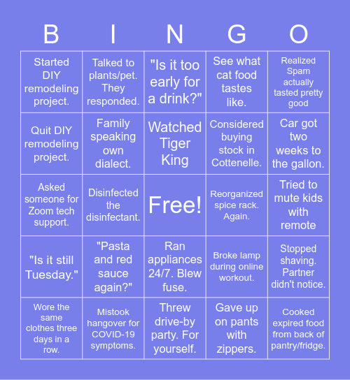 Quarantine Bingo Card