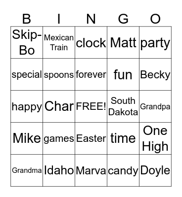 Hone Family Bingo Card
