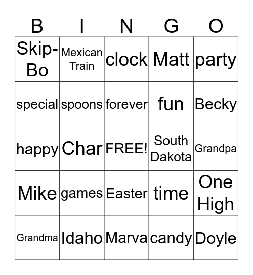 Hone Family Bingo Card