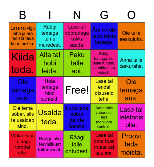 "Kuidas käituda oma murdeealise lapsega?" Bingo Card