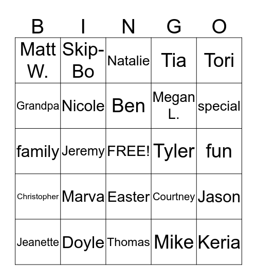 Hone Family Bingo Card