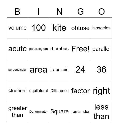 Math Vocabulary! Bingo Card