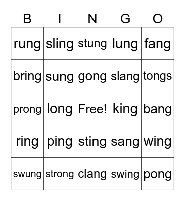 welded sounds of: ang, ing, ong, and ung Bingo Card