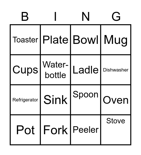 Kitchen Supplies Bingo Card