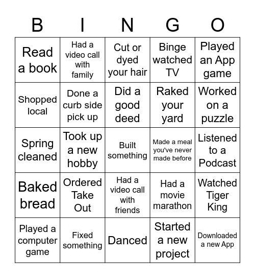 Quarantine Bingo Card