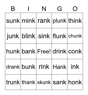welded sounds of ank, ink, onk, and unk Bingo Card