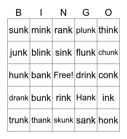 welded sounds of ank, ink, onk, and unk Bingo Card