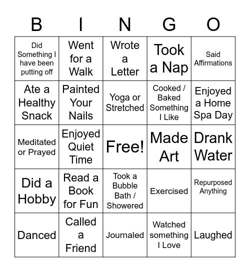 Self Care Bingo Card