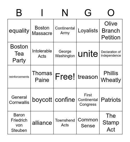 American Revolution Bingo Card