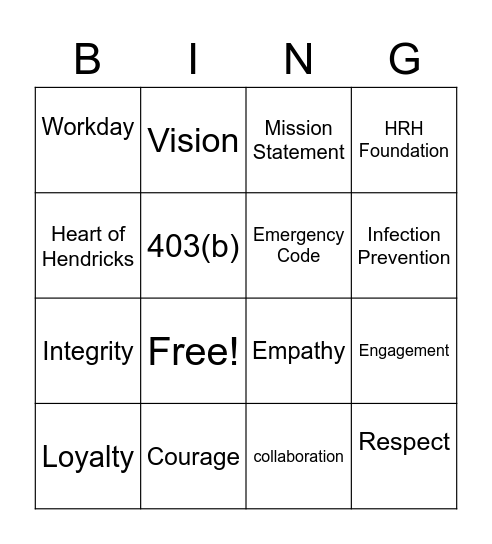 Hendricks Bingo Card