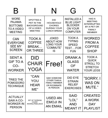 Remote Work Bingo Card