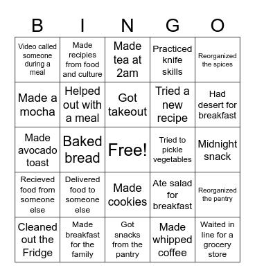 Quarrantine Food Bingo Card