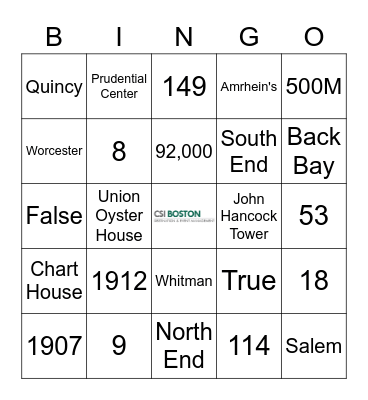 ALL THINGS BOSTON Bingo Card