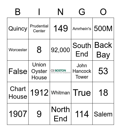 ALL THINGS BOSTON Bingo Card