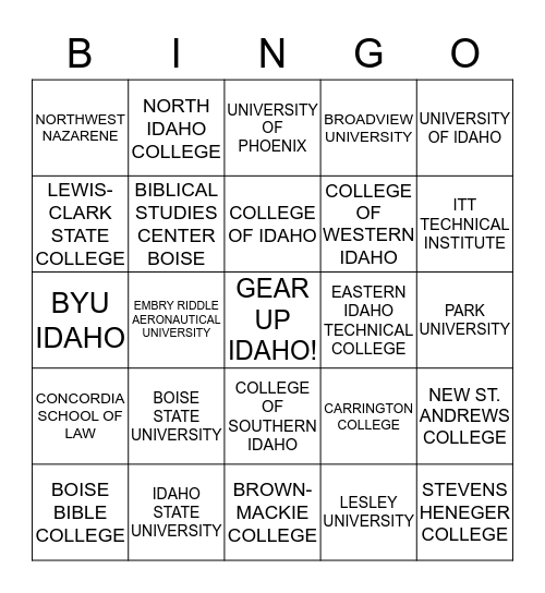 IDAHO COLLEGES BINGO Card