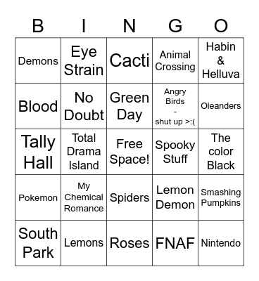 Things Scar Loves Bingo! Bingo Card